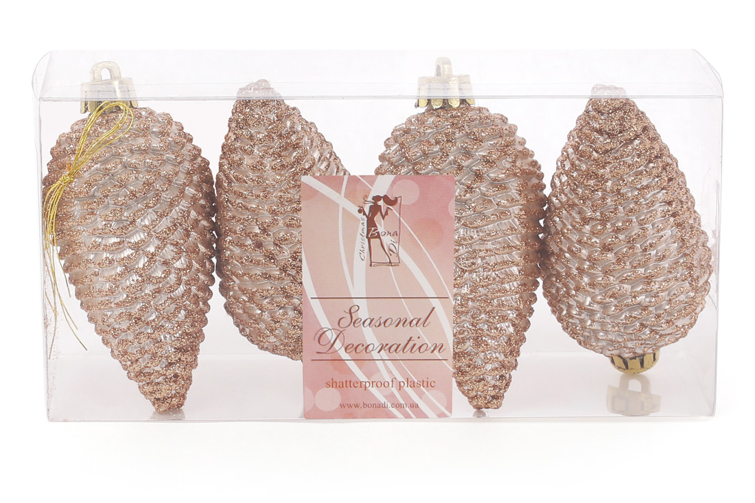 Набір ялинкових прикрас Шишки, колір - шампань, 8см, 4шт, матовий з гліттером