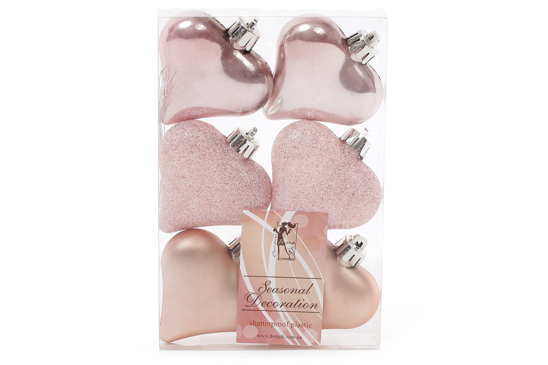 Набір ялинкових прикрас Серця 6см, колір - рожевий, 6шт: перламутр, матовий, гліттер - по 2шт