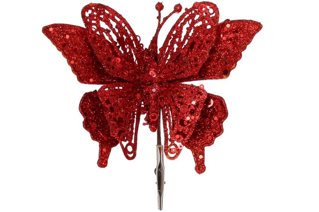 Ялинкова прикраса на кліпсі Метелик, 17см, колір - червоний гліттер