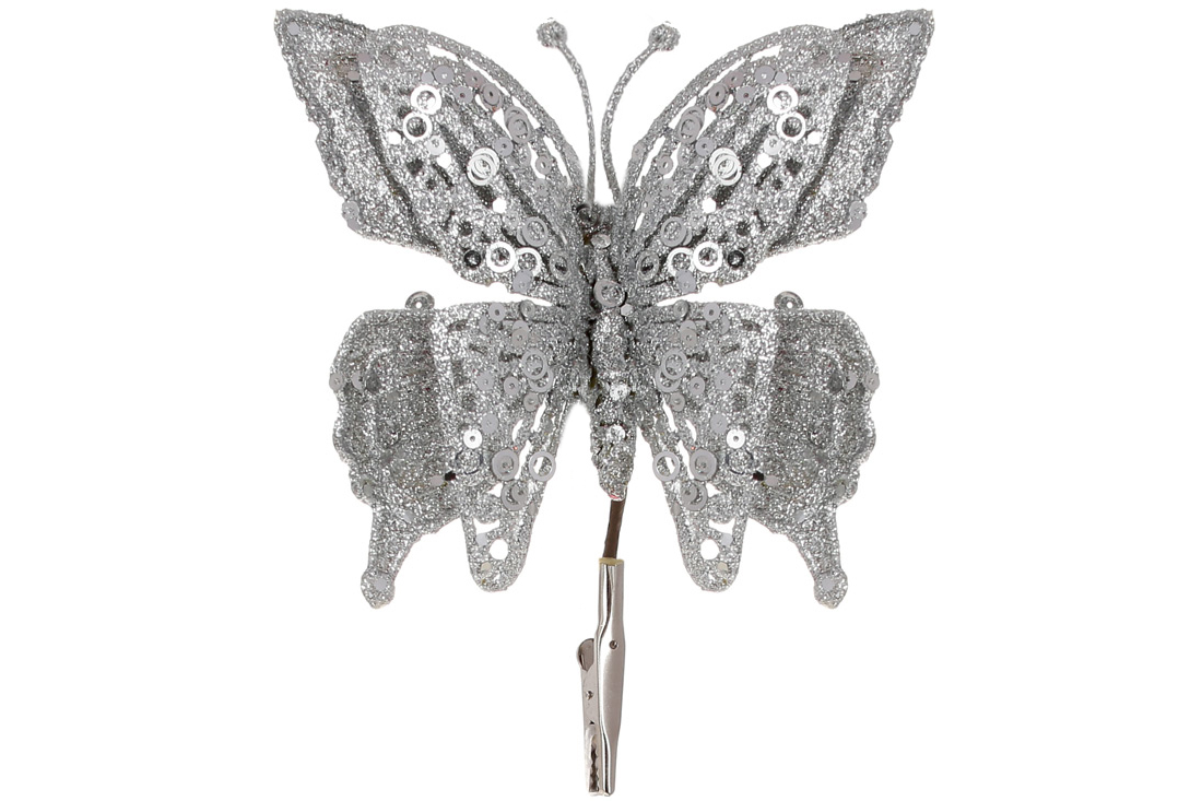 Ялинкова прикраса на кліпсі Метелик, 17см, колір - срібний гліттер