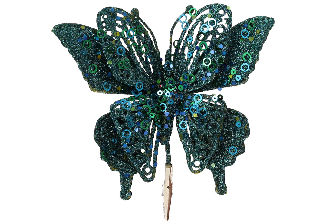 Ялинкова прикраса на кліпсі Метелик, 17см, колір - бірюзовий гліттер
