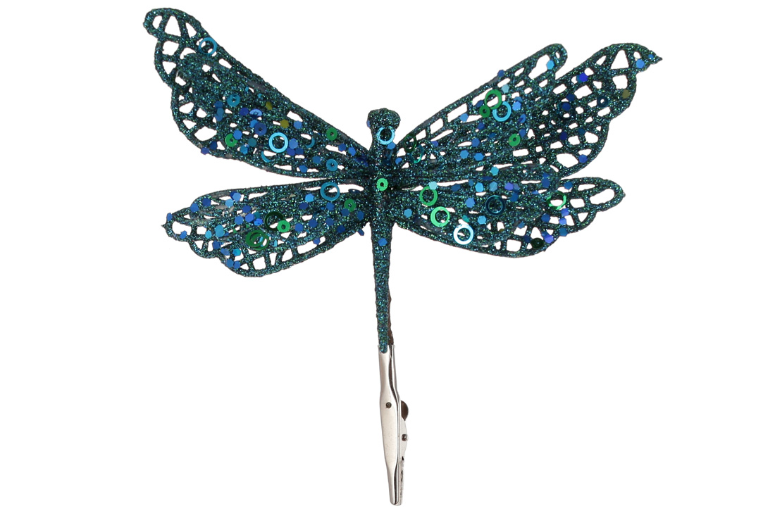 Ялинкова прикраса на кліпсі Бабка, 17см, колір - бірюзовий гліттер