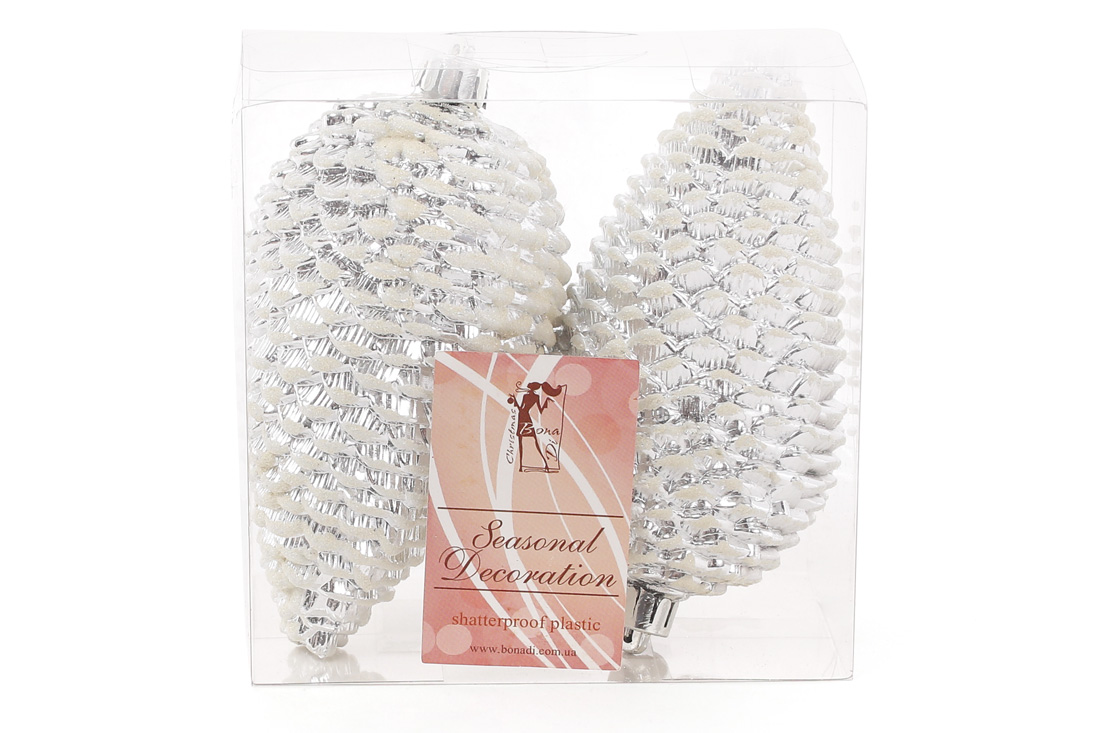 Набір ялинкових прикрас Шишки 12см, колір - срібло, 2 шт: глянець із гліттером