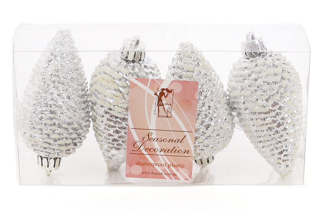 Набір ялинкових прикрас Шишки 8 см, колір - срібло, 4 шт: глянець із гліттером