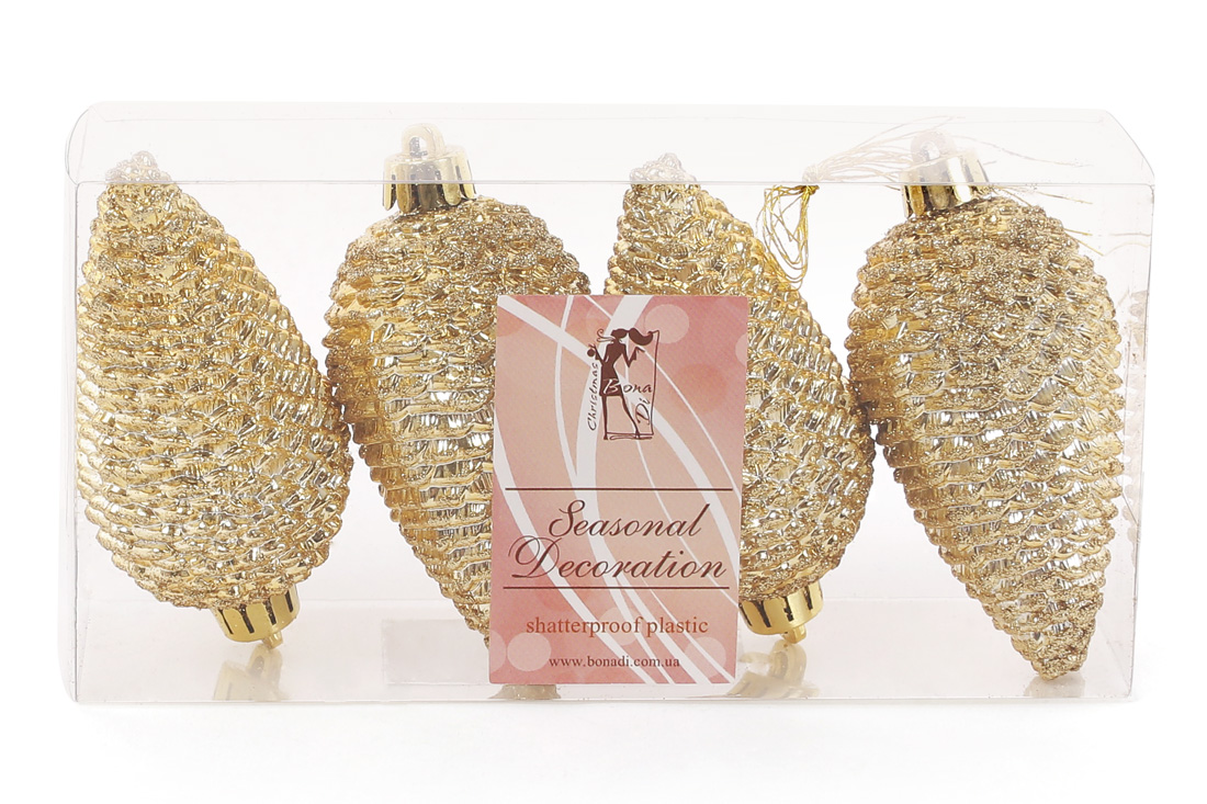 Набір шишок, 8см, колір - яскраве золото, глянець із гліттером, 4шт