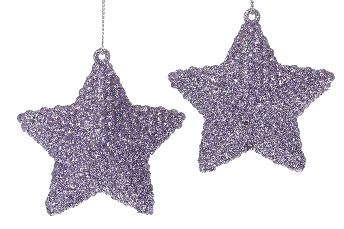 Набір (2шт) ялинкових прикрас Зірка 7.5см, колір - ніжно-ліловий гліттер