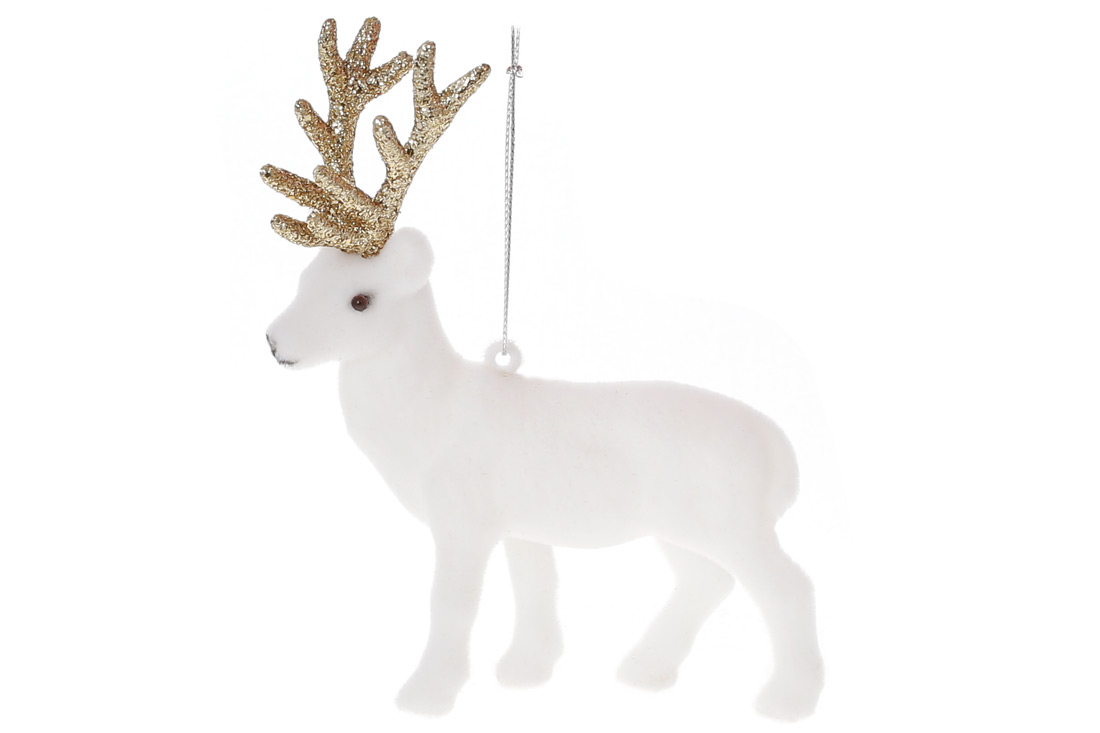 Ялинкова прикраса Олень 15см, колір - білий велюр із золотим гліттером