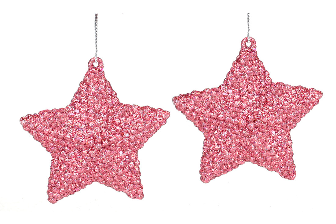 Набір (2шт) ялинкових прикрас Зірка 7.5см, колір - полуничний гліттер