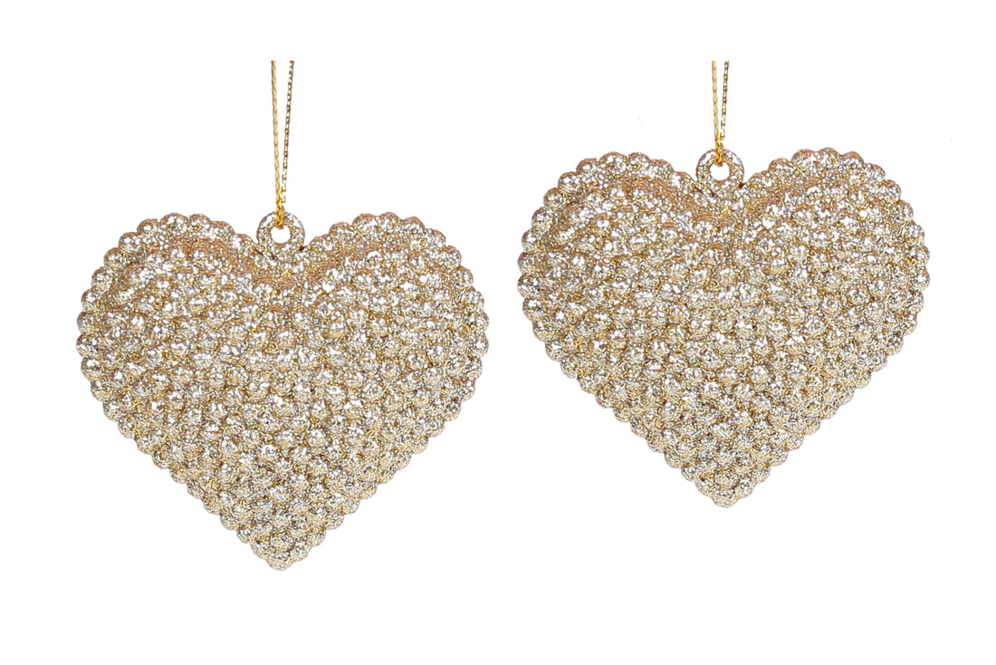 Набір (2шт) ялинкових прикрас Серце 6см, колір - світло-золотий гліттер
