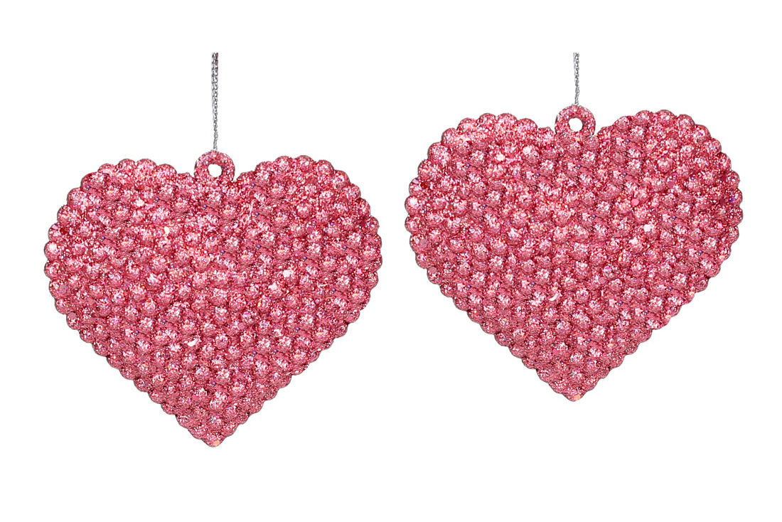 Набір (2шт) ялинкових прикрас Серце 6см, колір - полуничний гліттер
