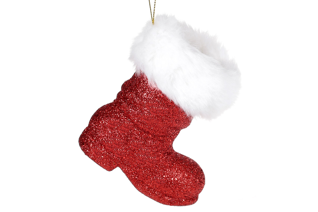 Ялинкова прикраса Чобіток 11.5см, колір - червоний гліттер