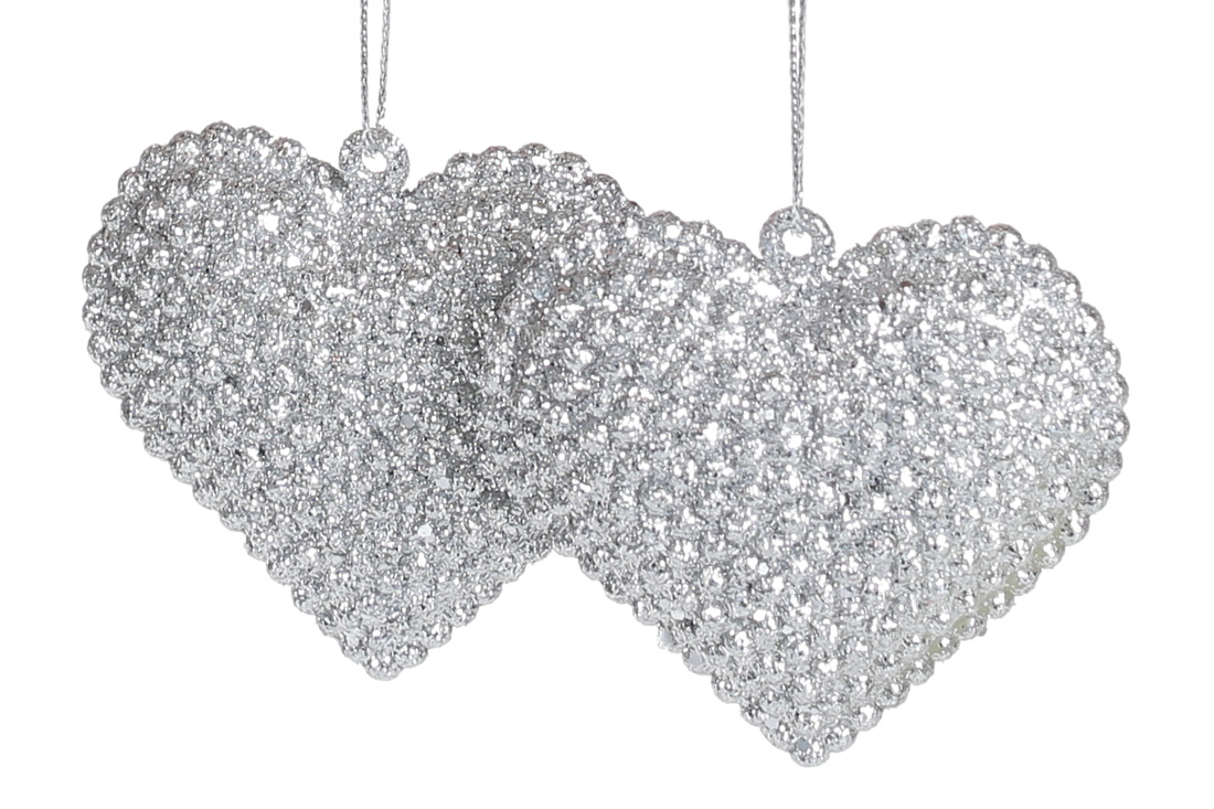Набір (2шт) ялинкових прикрас Серце 6см, колір - срібний гліттер