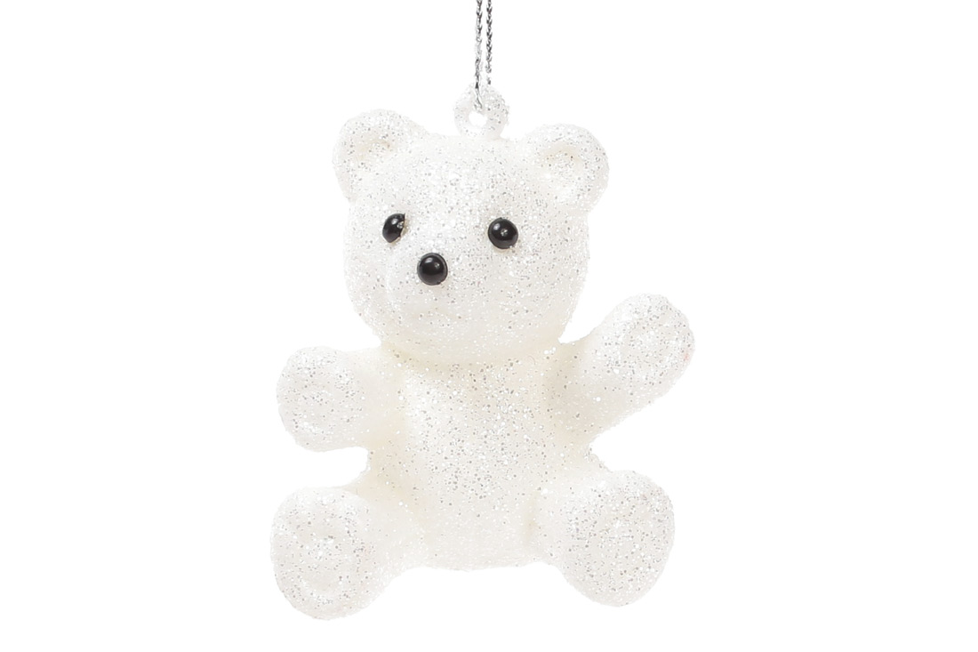 Ялинкова прикраса Ведмедик 7см, колір - білий гліттер