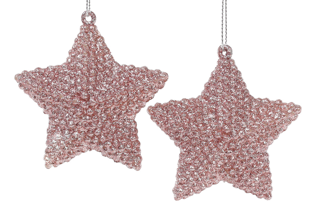 Набір (2шт) ялинкових прикрас Зірка 7.5см, колір - ніжно-рожевий гліттер