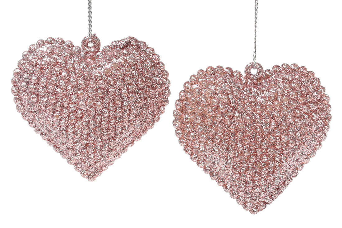 Набір (2шт) ялинкових прикрас Серце 6см, колір - ніжно-рожевий гліттер