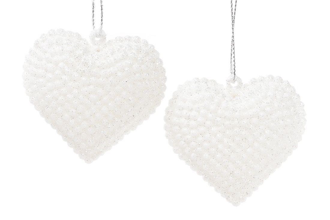 Набір (2шт) ялинкових прикрас Серце 6см, колір - білий гліттер