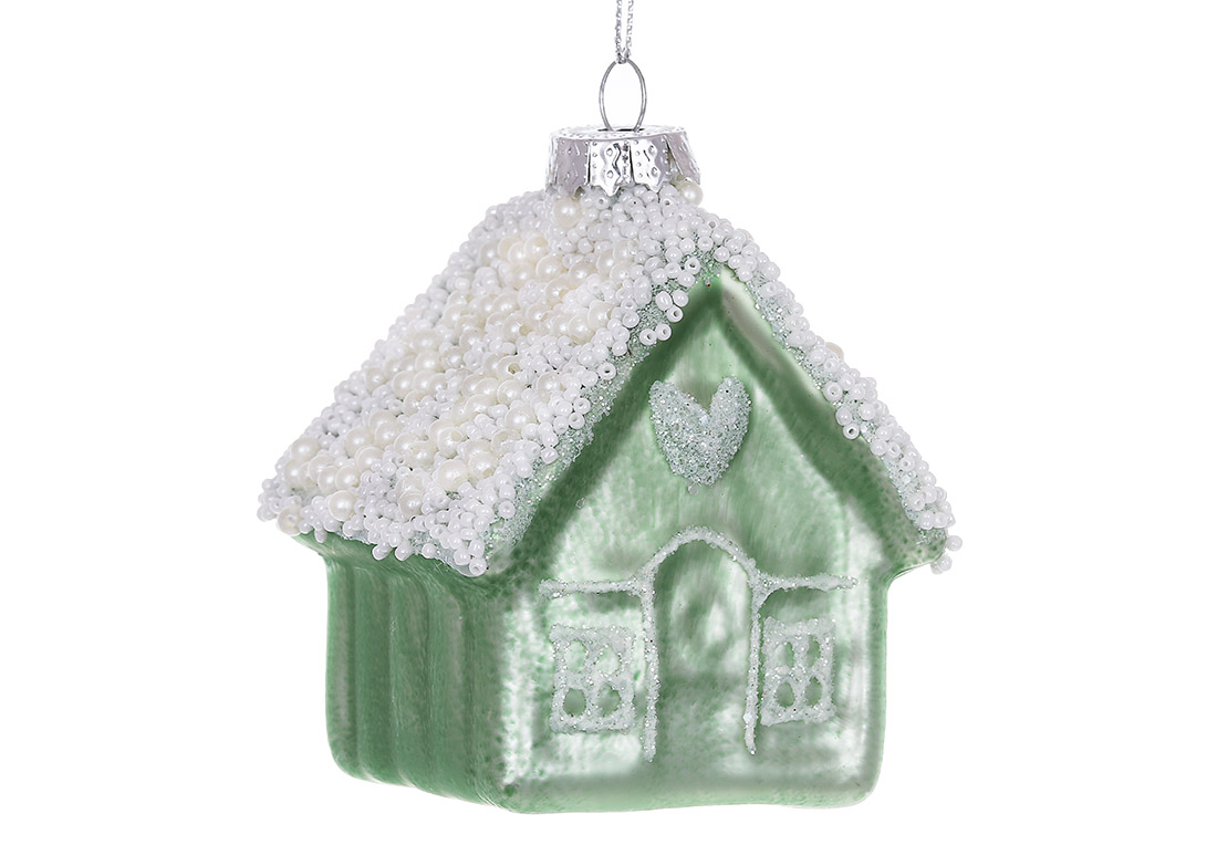 Ялинкова прикраса Дім з декором з бісеру, 10см, колір - м'ятний