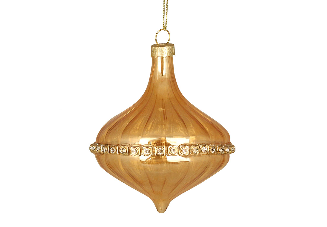 Ялинкова прикраса Юла з прозорого скла з декором зі страз 10см, колір - карамель перламутр