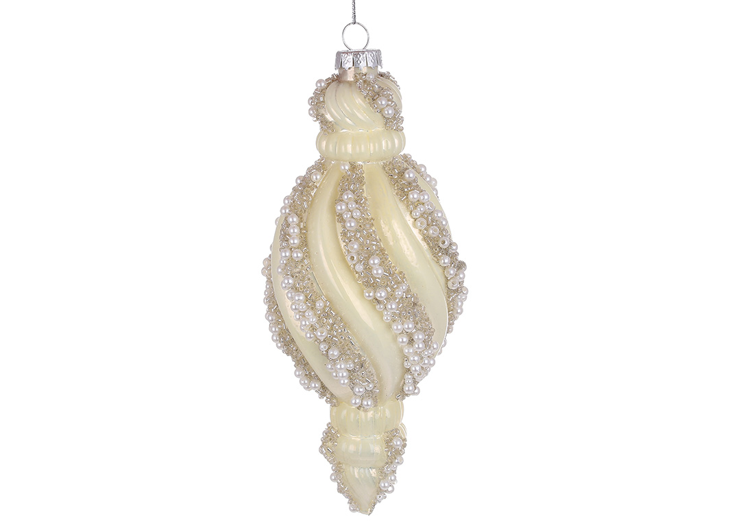 Ялинкова прикраса кручений з декором з бісеру 17.5см, колір - кремовий перламутр