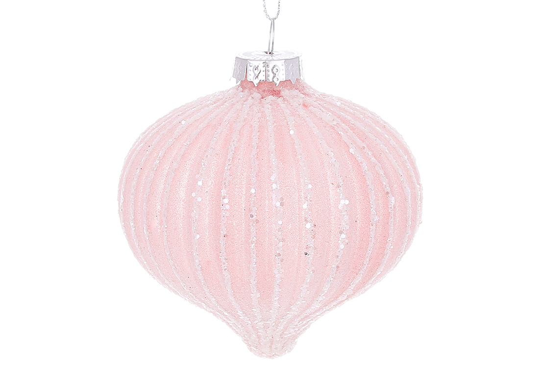 Ялинкова прикраса рельєфної форми Цибуля з цукровим покриттям та гліттерним декором 8см, колір - блідо-рожевий