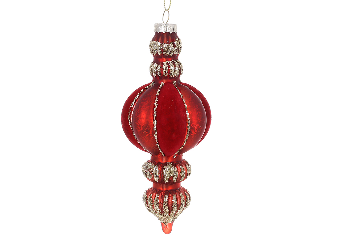 Ялинкова прикраса з оксамитовими вставками та декором із гліттера 6*14см, колір - червоний антик із золотом