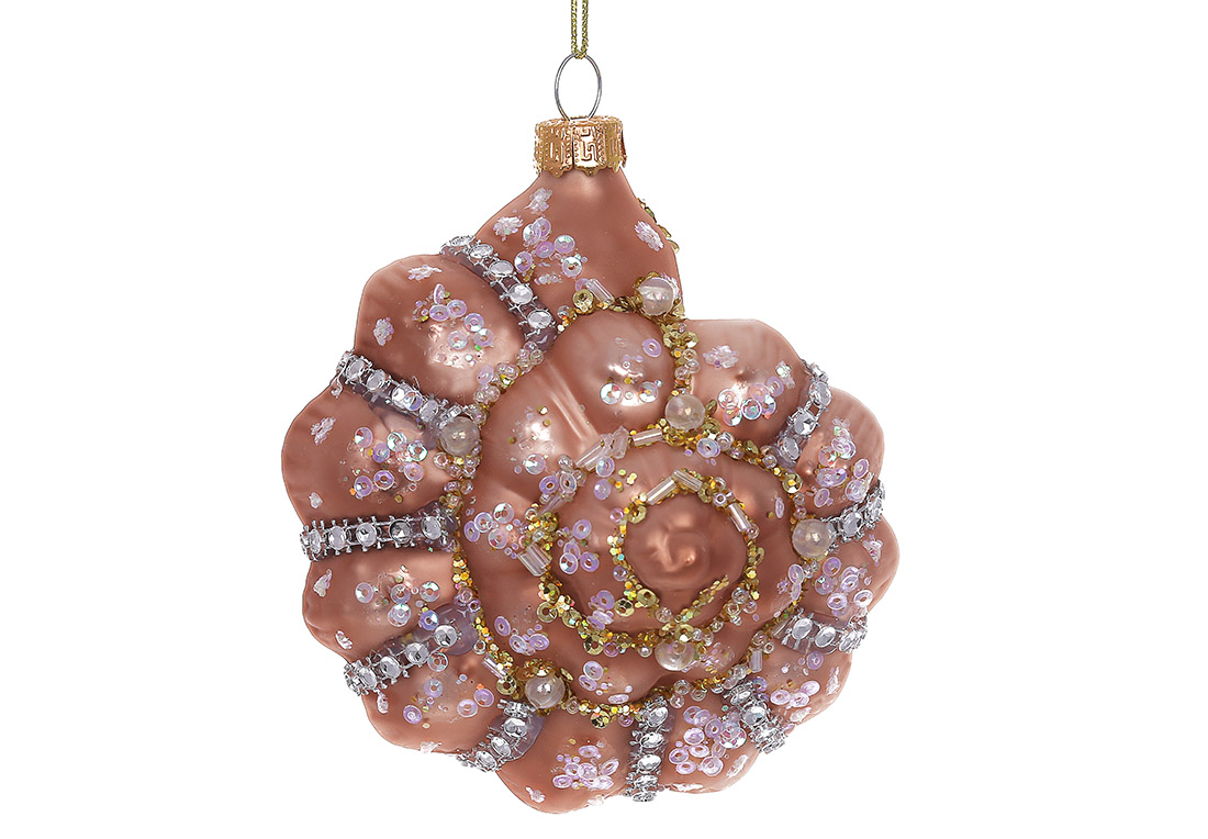 Ялинкова фігурна прикраса зі скла Морська мушля з декором з бісеру 11см