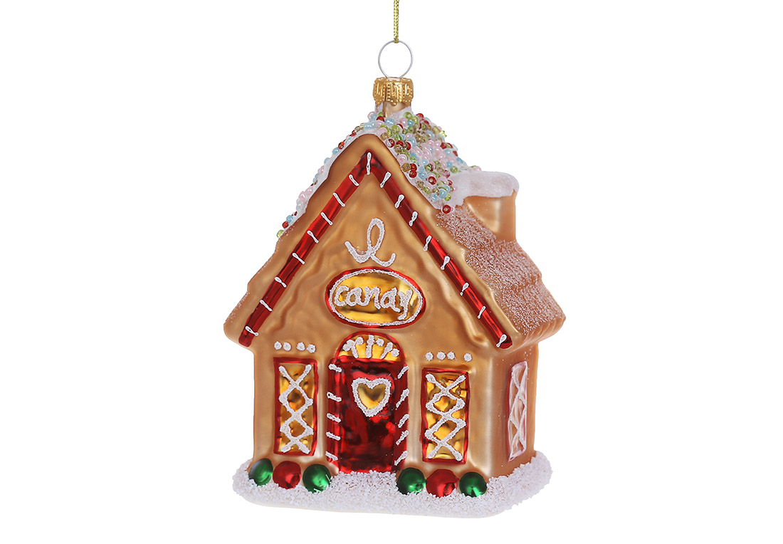 Ялинкова фігурна прикраса зі скла Будиночок з декором з бісеру 11см