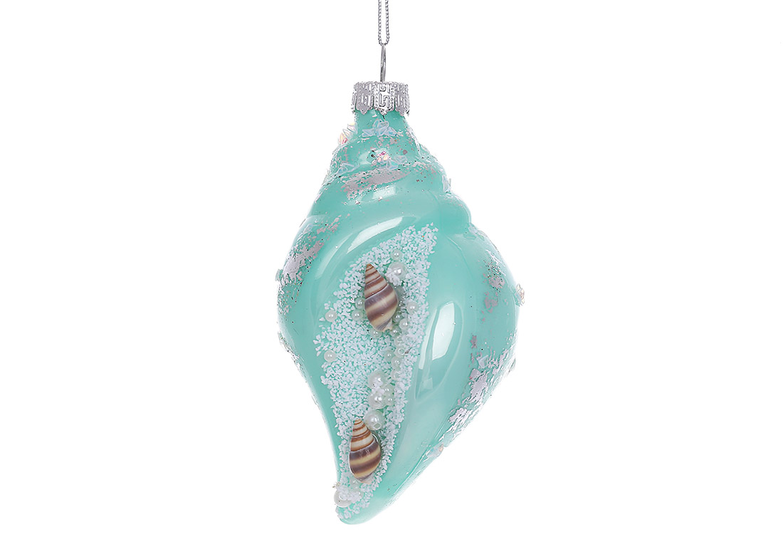 Ялинкова фігурна прикраса зі скла Морська мушля з декором з бісеру 11см