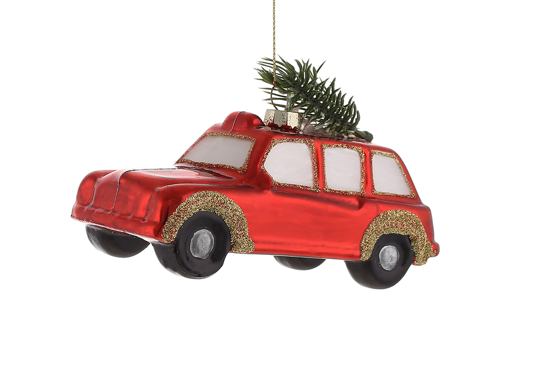 Фігурна ялинкова прикраса зі скла Машина, 12см, колір - червоний