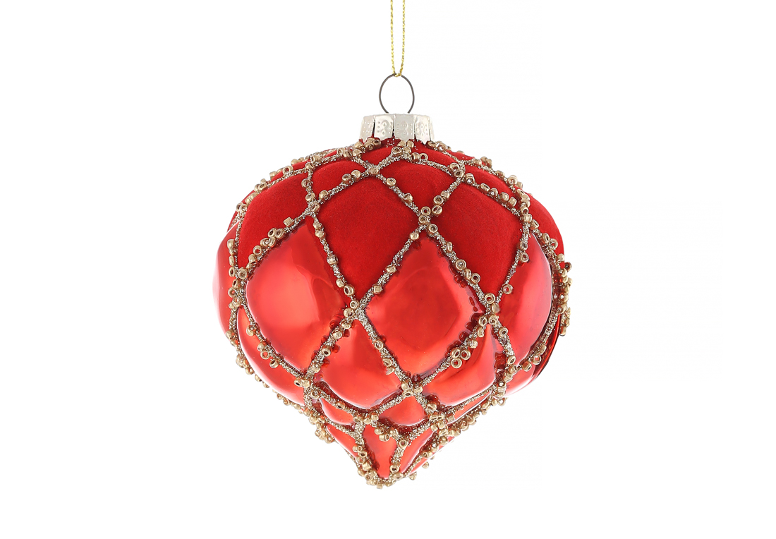 Ялинкова прикраса Цибуля з глянсовим та оксамитовим покриттям 8см, колір - червоний