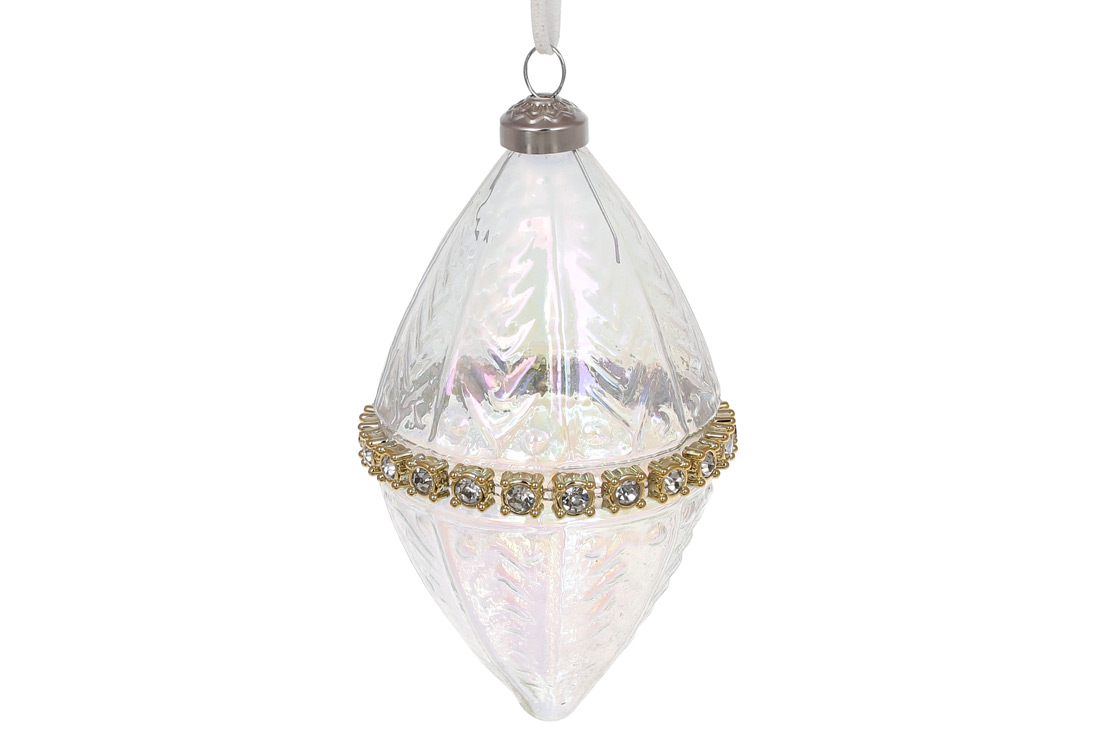 Ялинкова прикраса з рельєфним візерунком та декором з каміння, 15см, колір - діамантовий прозорий