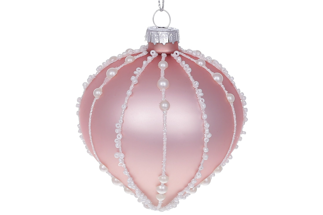Ялинкова прикраса 9.2см з декором з бісеру та перлів бус, колір - матовий рожевий