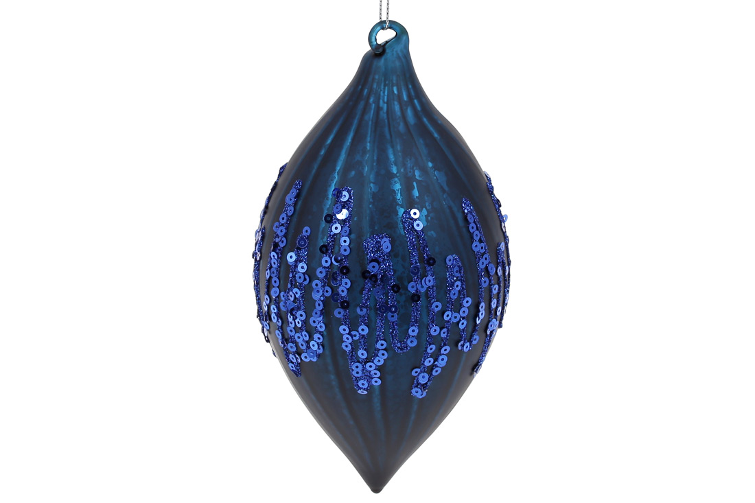 Ялинкова прикраса з матовим покриттям і візерунком з паєток, 15см, колір - індиго