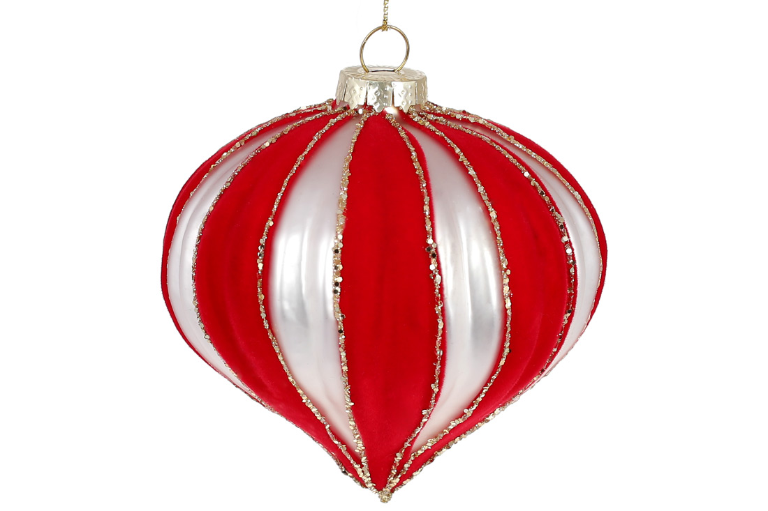 Ялинкова прикраса рельєфної форми з декором з оксамиту 10см, колір - червоний з білим перловим