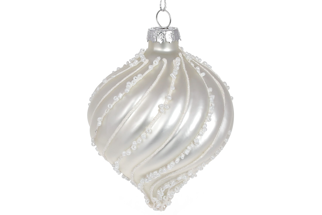 Ялинкова прикраса рельєфної форми з декором з бісеру 8см, колір перлинний білий