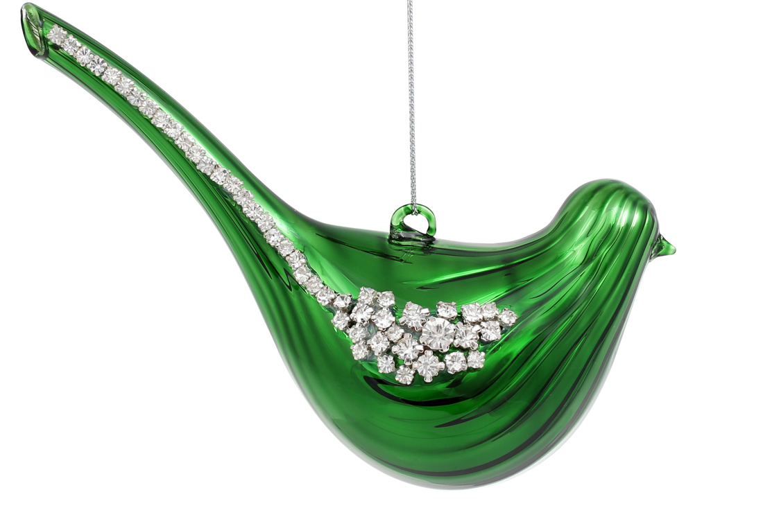 Ялинкова прикраса Птах з декором з каміння, 16см, колір - смарагдовий зелений