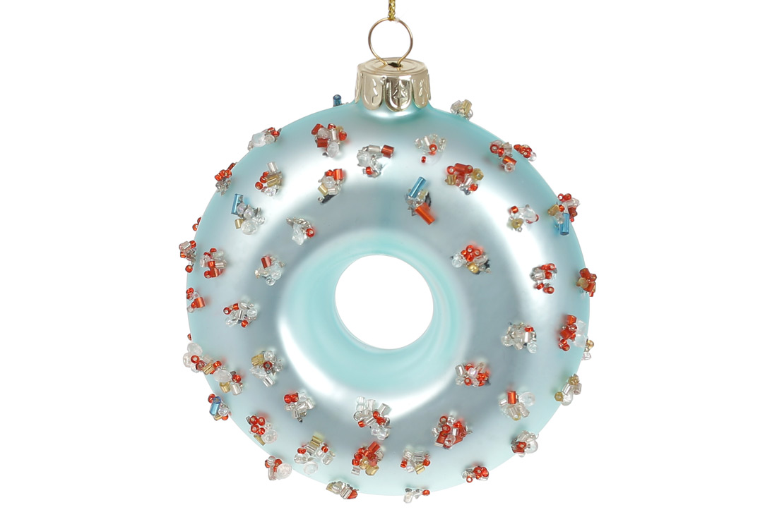 Ялинкова прикраса Пончик з декором з бісеру 10см, колір - світло-блакитний