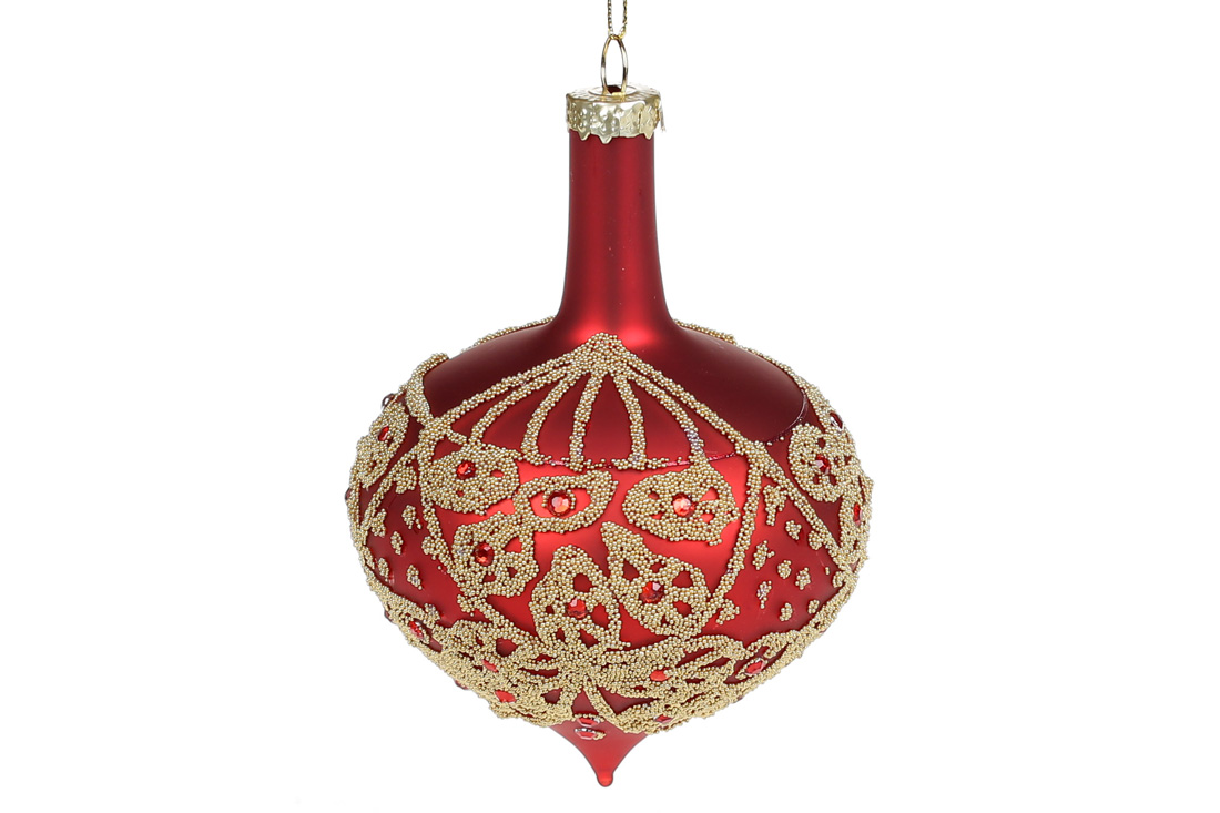 Ялинкова прикраса 12см з розписом гліттером та стразами, колір - матовий червоний