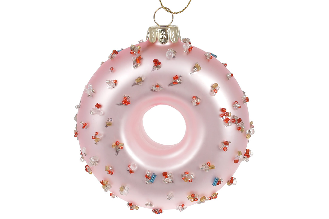 Ялинкова прикраса Пончик з декором з бісеру 10см, колір - ніжно-рожевий
