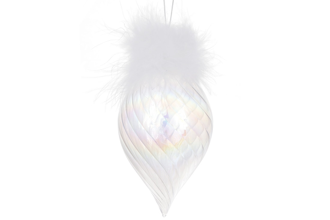 Ялинкова прикраса з напівпрозорого скла з декором з пір'я 16см, колір - діамантовий білий