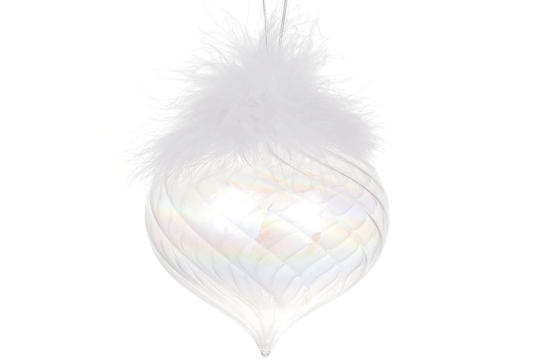 Ялинкова прикраса з напівпрозорого скла з декором з пір'я 10см, колір - діамантовий білий