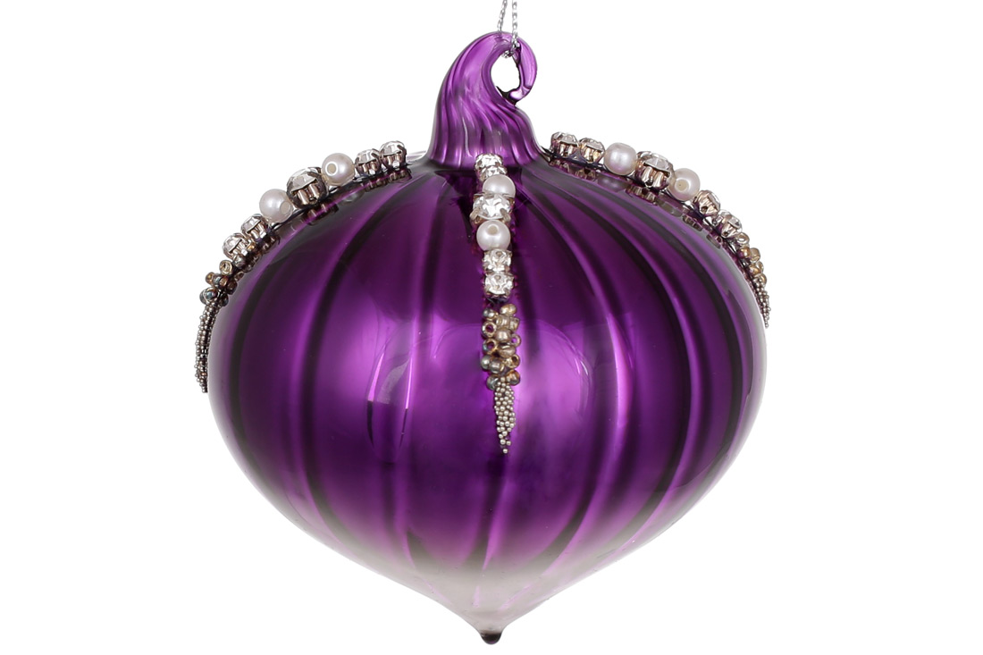 Ялинкова прикраса 8см з декором зі страз та бусин, колір - фіолетовий