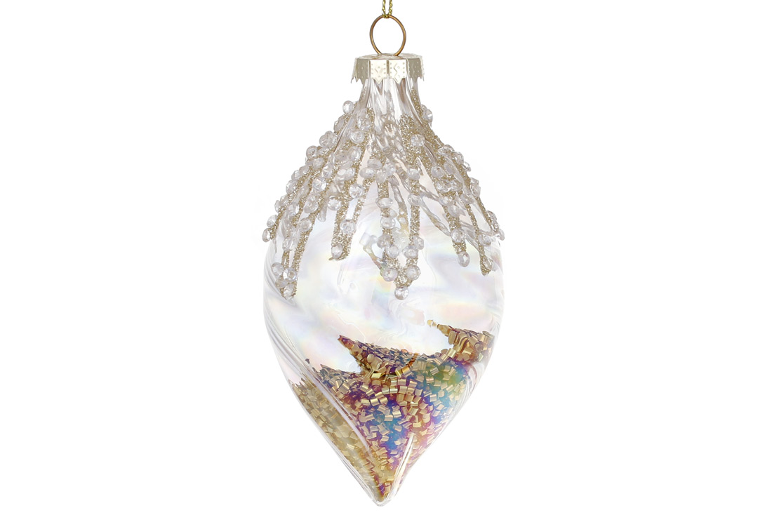 Ялинкова прикраса з прозорого скла з декором зі страз та мішурою всередині 12.5см, колір - діамант