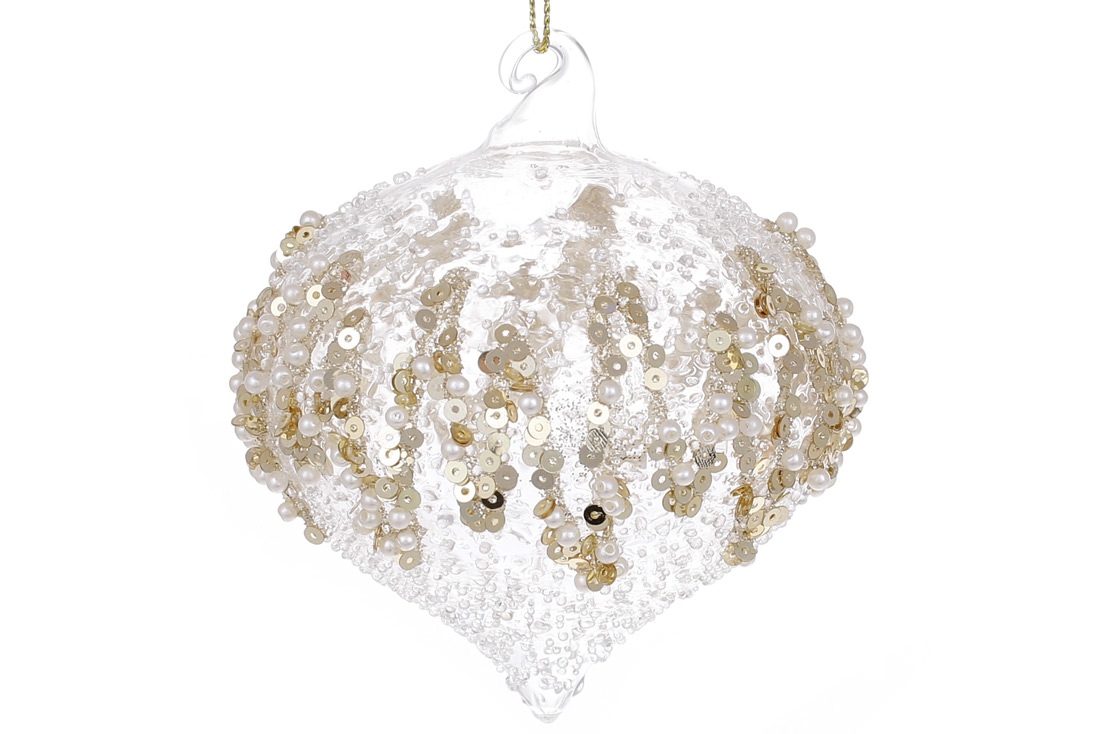 Ялинкова прикраса з прозорого скла з покриттям "лід" та декором з бісеру та паєток 8см