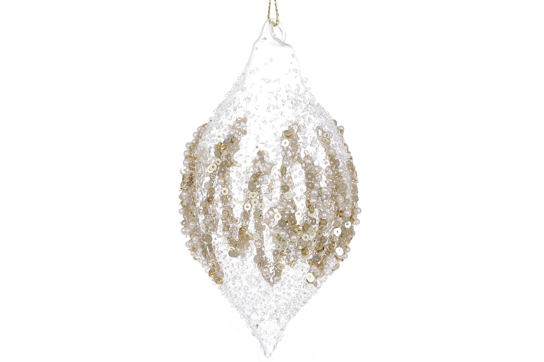 Ялинкова прикраса з прозорого скла з покриттям "лід" та декором з бісеру та паєток 14см