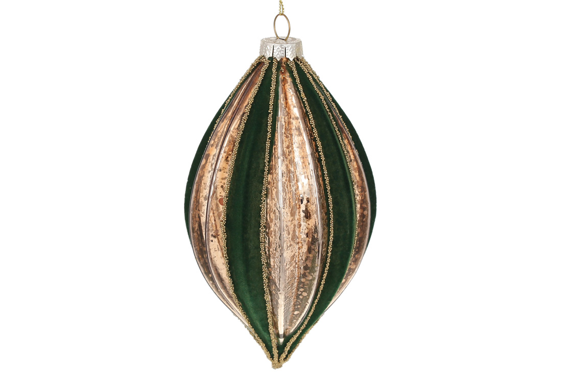 Ялинкова прикраса рельєфної форми з декором з оксамиту 15см, колір - темно-зелений з античним золотом