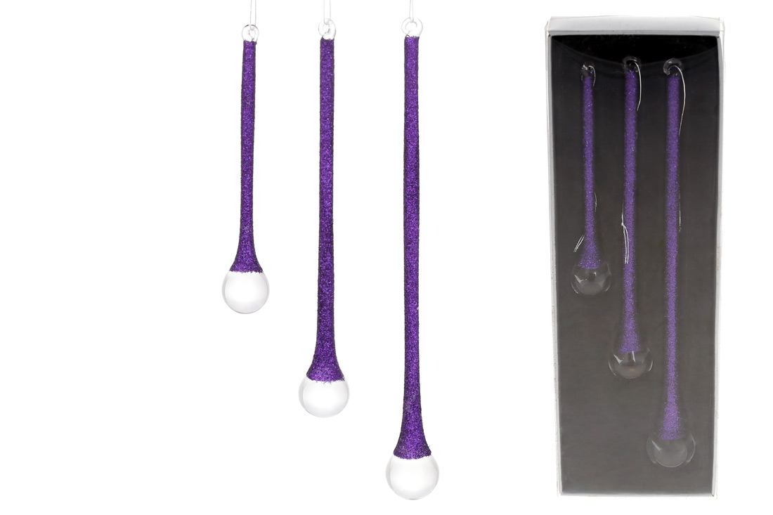Набір (3шт) ялинкових прикрас Бурулька 10-18см з фіолетовим гліттером