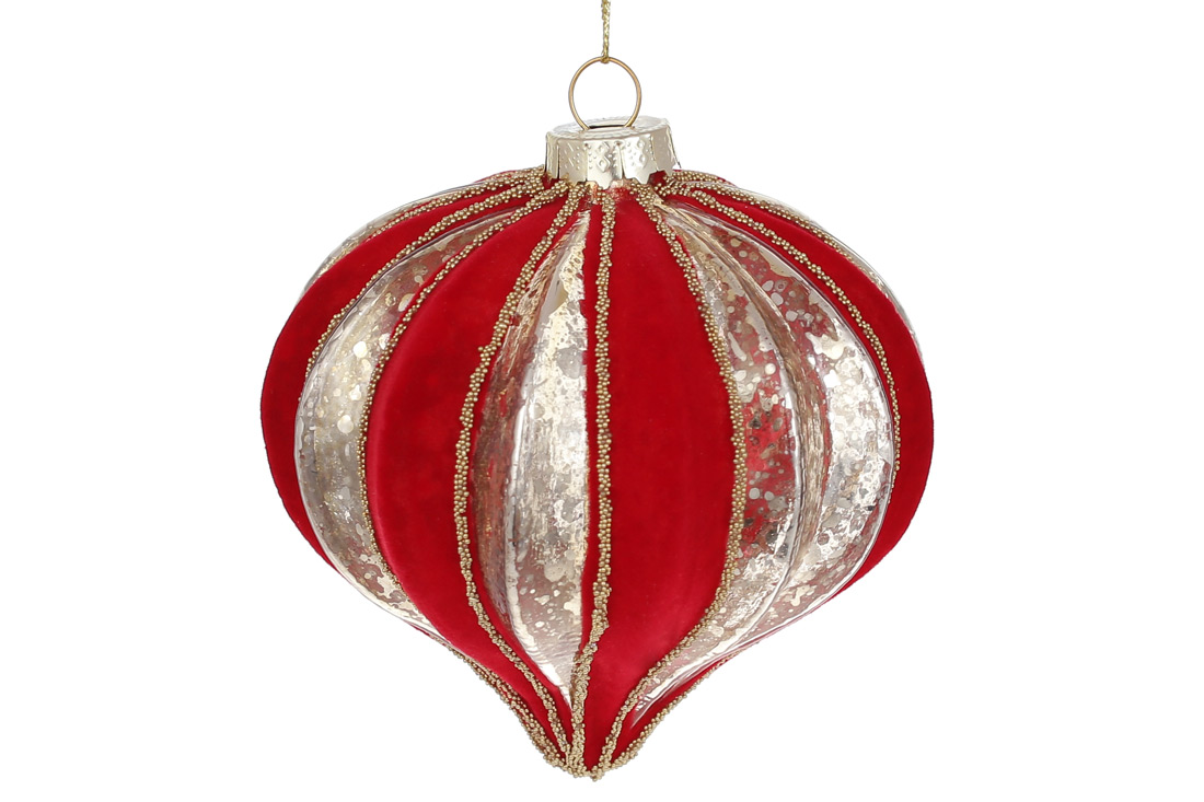 Ялинкова прикраса рельєфної форми "Червоний оксамит" 10см, колір - червоний з платиною