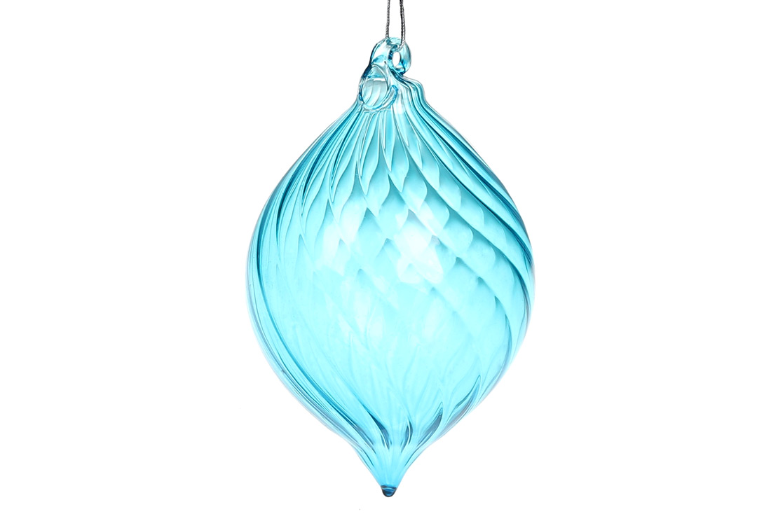 Ялинкова прикраса крученої форми, прозорне скло, 13см, колір - блакитна лазур
