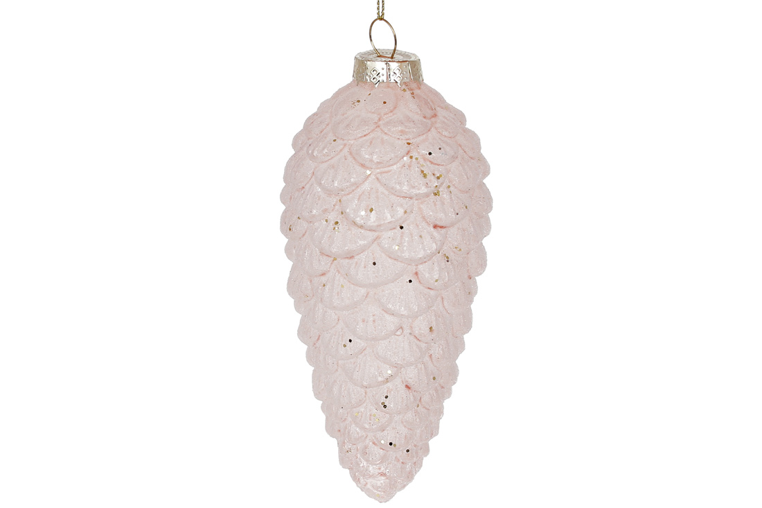 Ялинкова прикраса Шишка з покриттям лід і декором з бусин 14.5см, колір - ніжно-рожевий